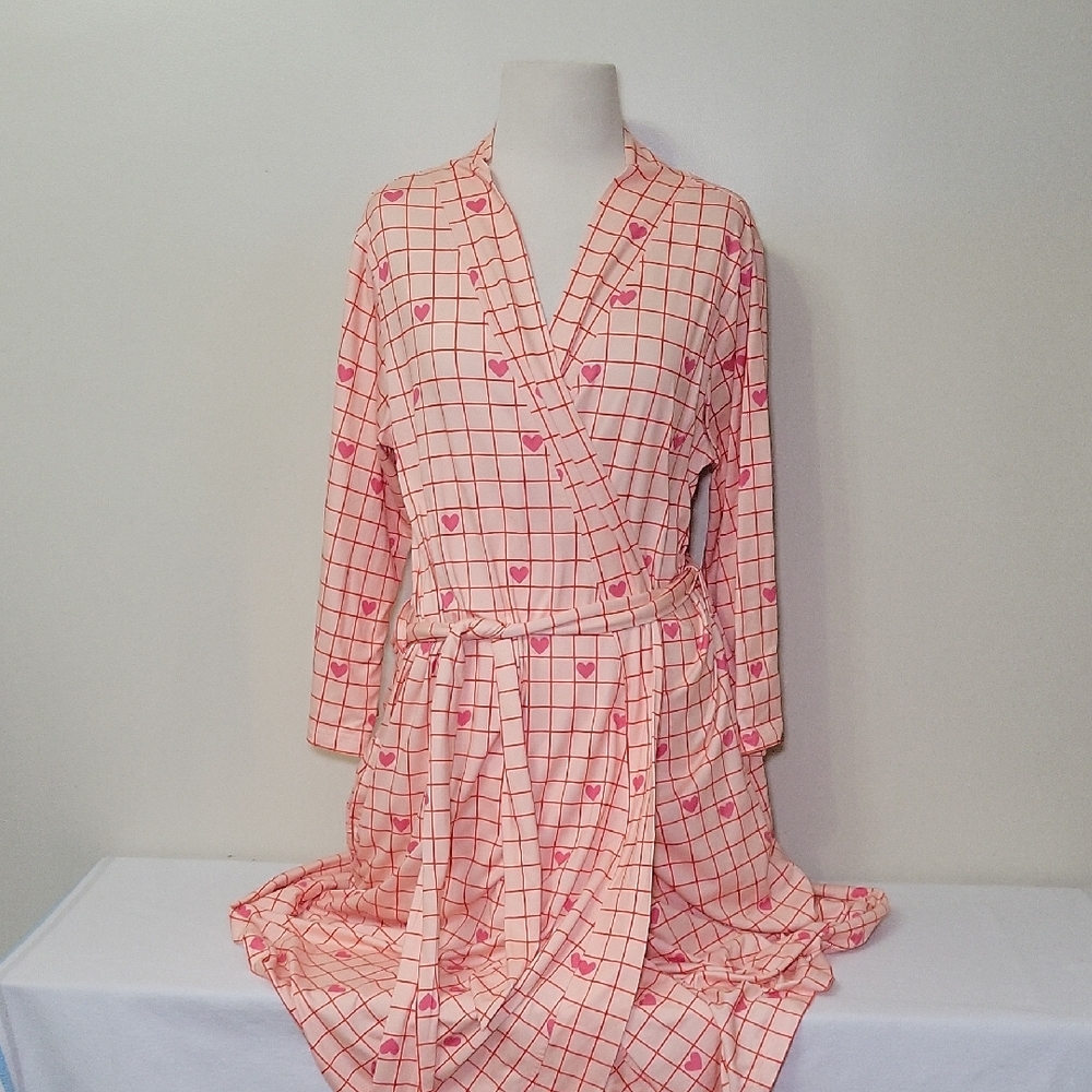 COZYS Kimono Robe Lightweight Pink w/ HeartsBelt Tie Lounge Coverup‎ Soft
